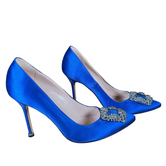 Manolo Blahnik Hangisi Iconic Blue Satin Crystal Jeweled Pumps Heels Size 39 - Picture 1 of 13